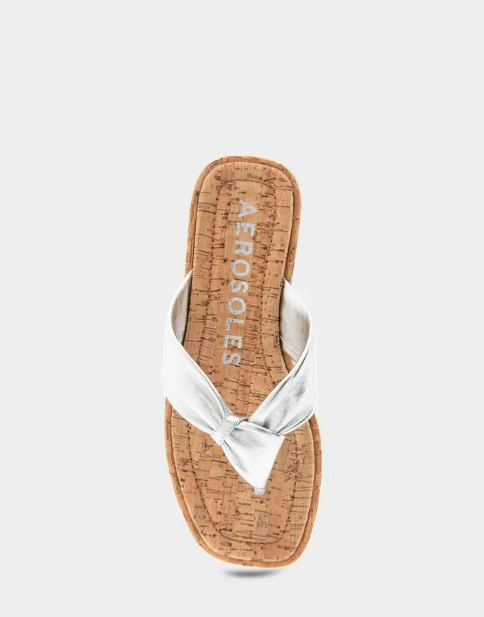 Aerosoles Comfortable Women039s Knotted Thong Sandal In Silver Metallic Leather Silver Metallic Leather Women Flats