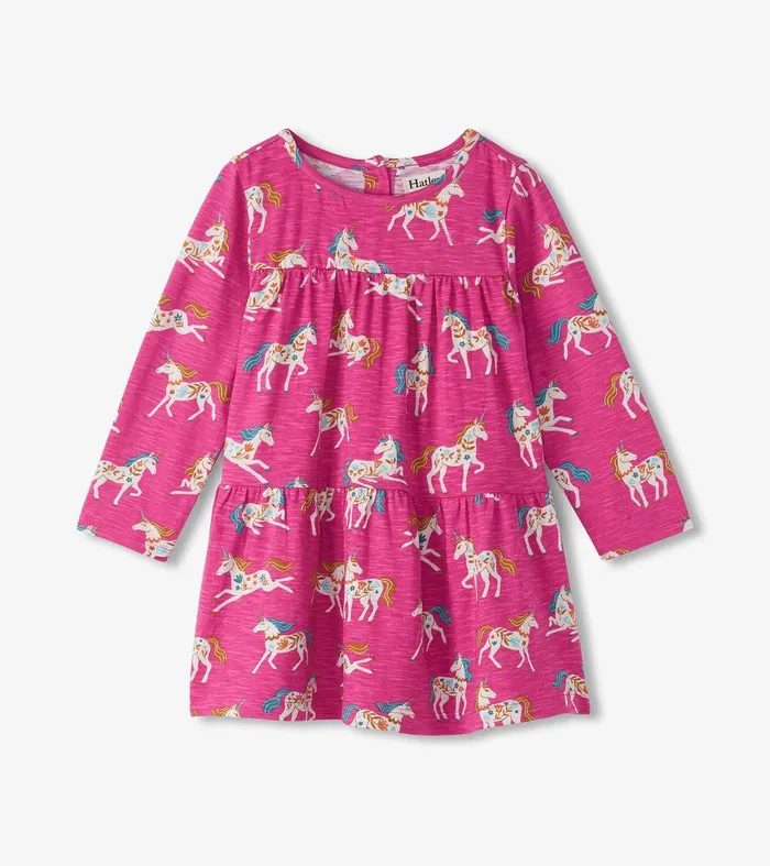 Baby and Toddler Girls Folksy Unicorns Gathered Tiered Dress Hatley