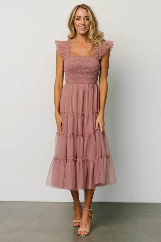 Baltic Born Bump Friendly Women Emma Smocked Tulle Dress Dusty Rose