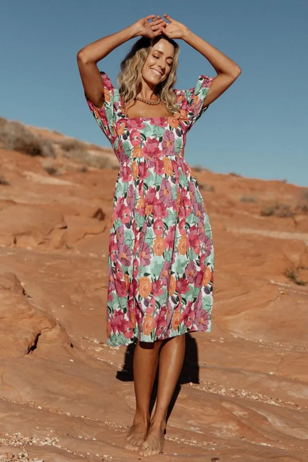 Baltic Born Midi Dresses Women Aimee Puff Sleeve Midi Dress Pink Multi Baltic Born Midi Dresses Women Aimee Puff Sleeve Midi Dress Pink Multi