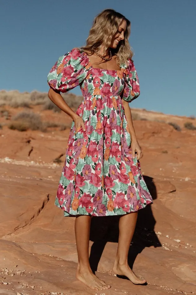 Baltic Born Midi Dresses Women Aimee Puff Sleeve Midi Dress Pink Multi Baltic Born Midi Dresses Women Aimee Puff Sleeve Midi Dress Pink Multi
