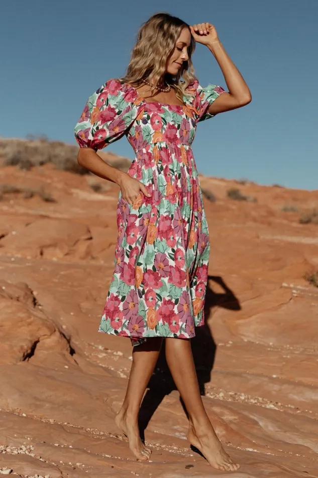 Baltic Born Midi Dresses Women Aimee Puff Sleeve Midi Dress Pink Multi Baltic Born Midi Dresses Women Aimee Puff Sleeve Midi Dress Pink Multi