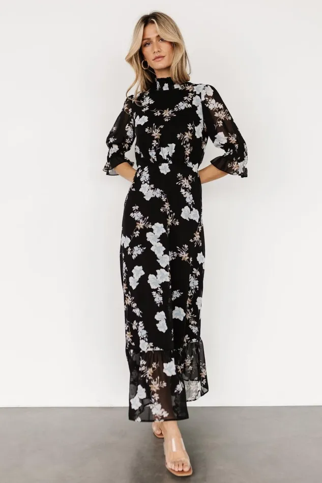 Baltic Born Mother Of The Bride Women Marie Mock Neck Maxi Dress Black Floral