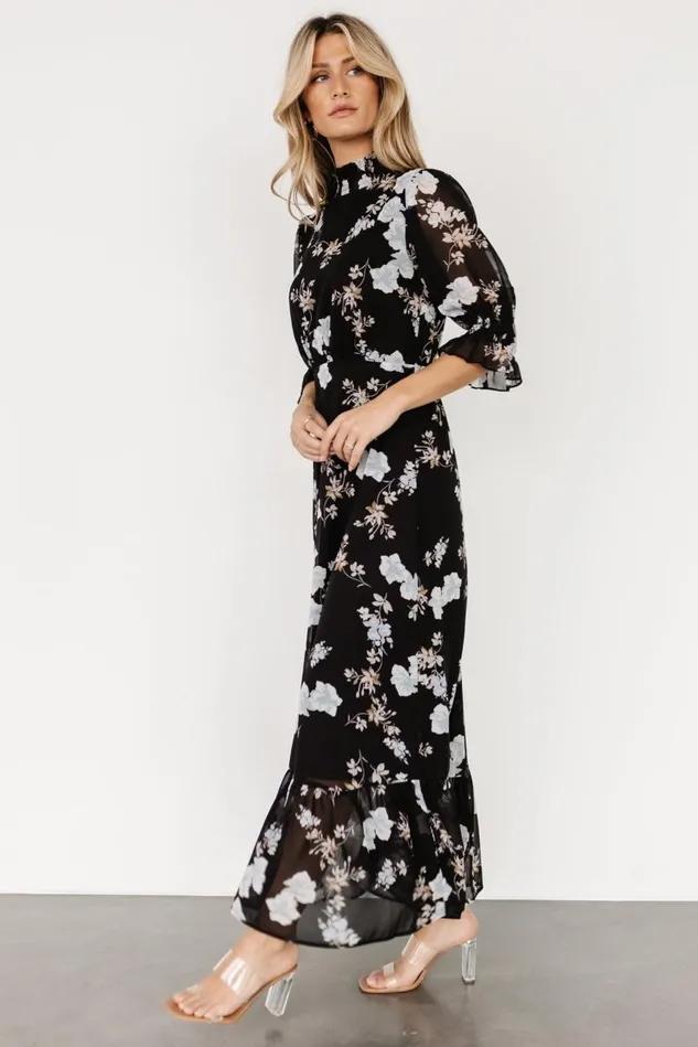 Baltic Born Mother Of The Bride Women Marie Mock Neck Maxi Dress Black Floral