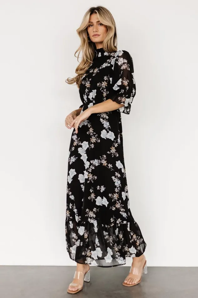 Baltic Born Mother Of The Bride Women Marie Mock Neck Maxi Dress Black Floral