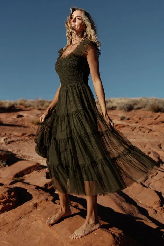 Baltic Born Tulle Styles Women Emma Smocked Tulle Dress Dark Olive