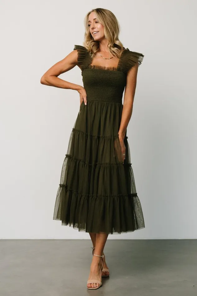 Baltic Born Tulle Styles Women Emma Smocked Tulle Dress Dark Olive Baltic Born Tulle Styles Women Emma Smocked Tulle Dress Dark Olive