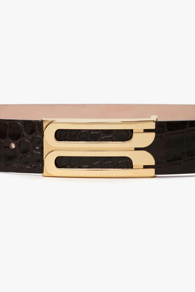 Belts Women Victoria Beckham Jumbo Frame Belt In Espresso Croc Embossed Calf Leather Belts Women Victoria Beckham Jumbo Frame Belt In Espresso Croc Embossed Calf Leather
