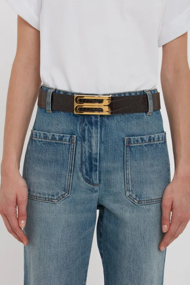Belts Women Victoria Beckham Jumbo Frame Belt In Espresso Croc Embossed Calf Leather Belts Women Victoria Beckham Jumbo Frame Belt In Espresso Croc Embossed Calf Leather