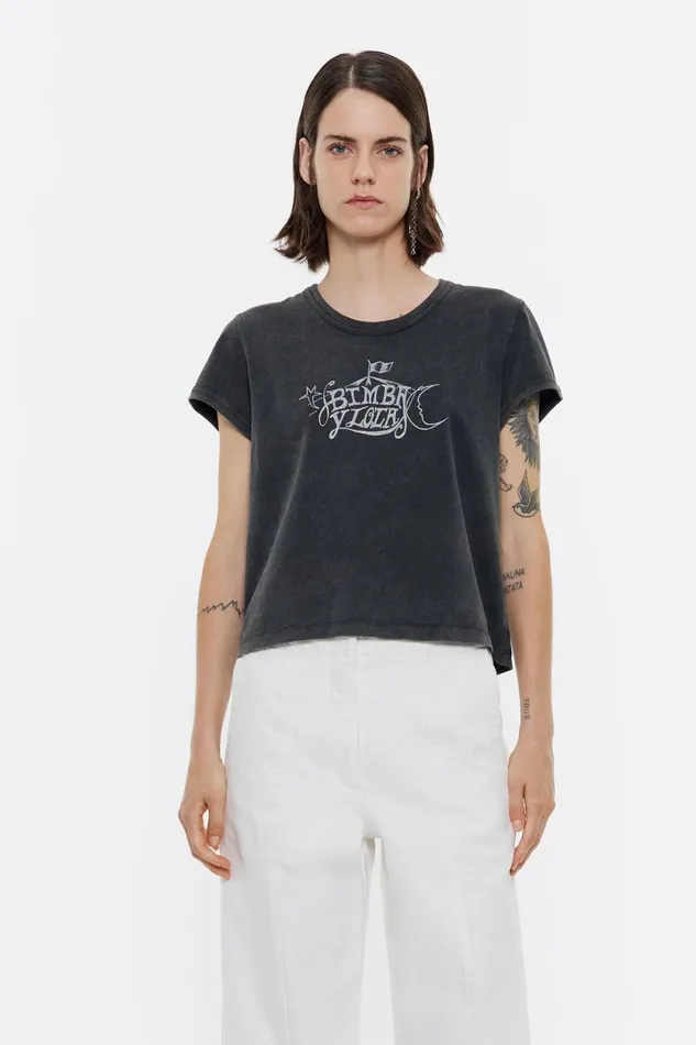 Black Cotton Logo Tshirt Washed Black Women Bimba Y Lola TShirts