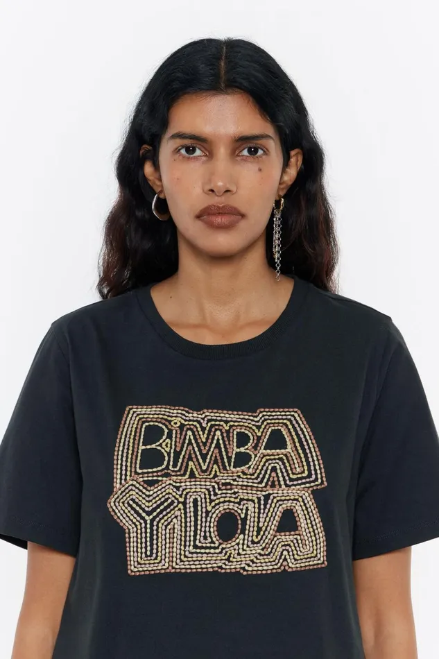 Black Embroidered Logo Tshirt Washed Black Women Bimba Y Lola TShirts Black Embroidered Logo Tshirt Washed Black Women Bimba Y Lola TShirts