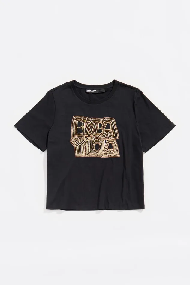 Black Embroidered Logo Tshirt Washed Black Women Bimba Y Lola TShirts Black Embroidered Logo Tshirt Washed Black Women Bimba Y Lola TShirts