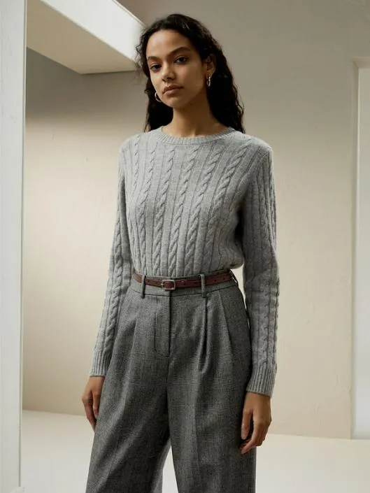 Classic Cable Knit Sweater With Ribbed Edges Women Lilysilk Knitwear
