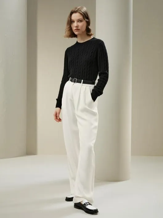 Classic Cable Knit Sweater With Ribbed Edges Women Lilysilk Knitwear