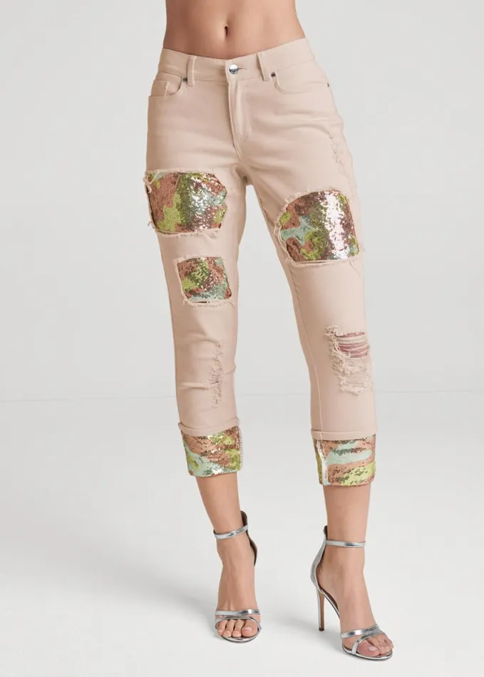 CROPPED SEQUIN CAMO JEANS Blush Women VENUS Novelty Jeans