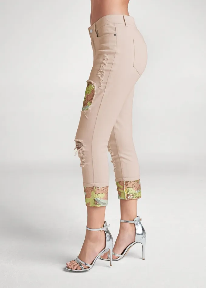 CROPPED SEQUIN CAMO JEANS Blush Women VENUS Novelty Jeans