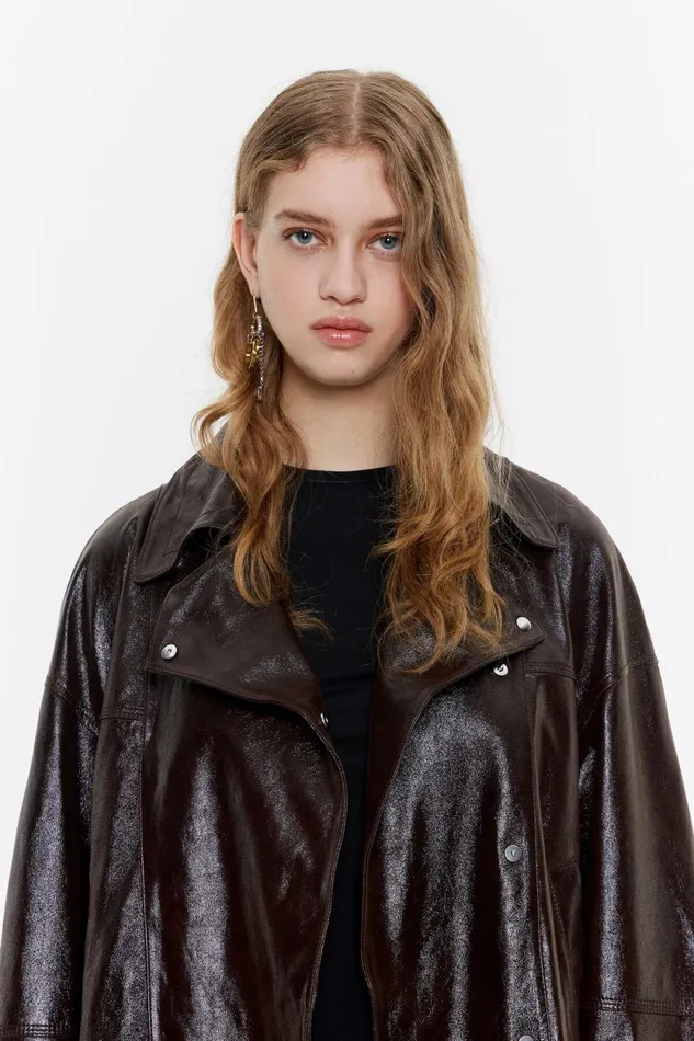 Dark Brown Satin Finish Leather Jacket Dark Brown Women Bimba Y Lola Jackets And Blazers Dark Brown Satin Finish Leather Jacket Dark Brown Women Bimba Y Lola Jackets And Blazers