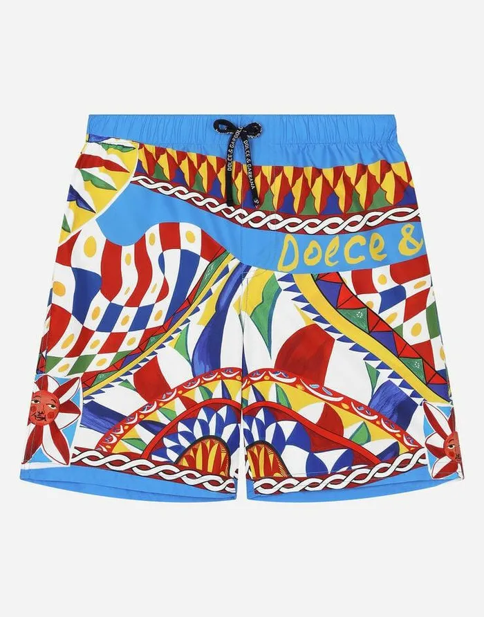 Dolce and Gabbana Beachwear Children Longleg Nylon Swim Trunks With Carretto Print Multicolor Dolce and Gabbana Beachwear Children Longleg Nylon Swim Trunks With Carretto Print Multicolor