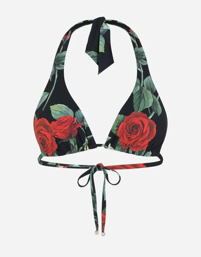 Dolce and Gabbana Beachwear Women Roseprint Padded Triangle Bikini Top Multicolor