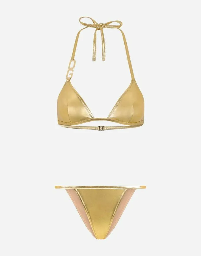 Dolce and Gabbana Beachwear Women Triangle Bikini With DG Logo Gold