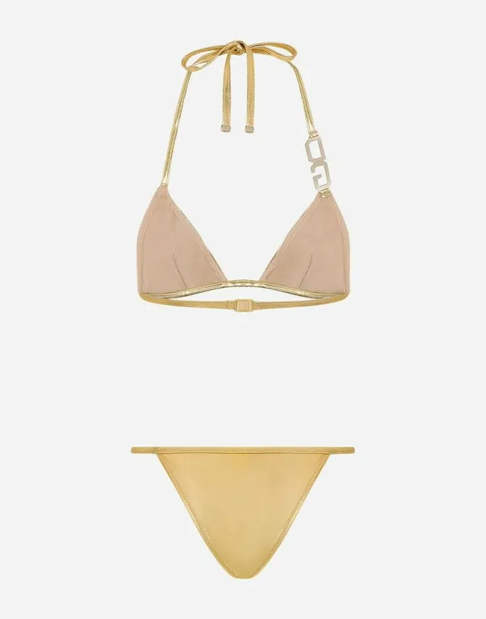 Dolce and Gabbana Beachwear Women Triangle Bikini With DG Logo Gold Dolce and Gabbana Beachwear Women Triangle Bikini With DG Logo Gold