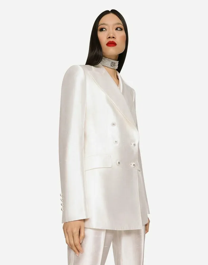 Dolce and Gabbana Blazers Women Doublebreasted Shantung Turlington Blazer White Dolce and Gabbana Blazers Women Doublebreasted Shantung Turlington Blazer White