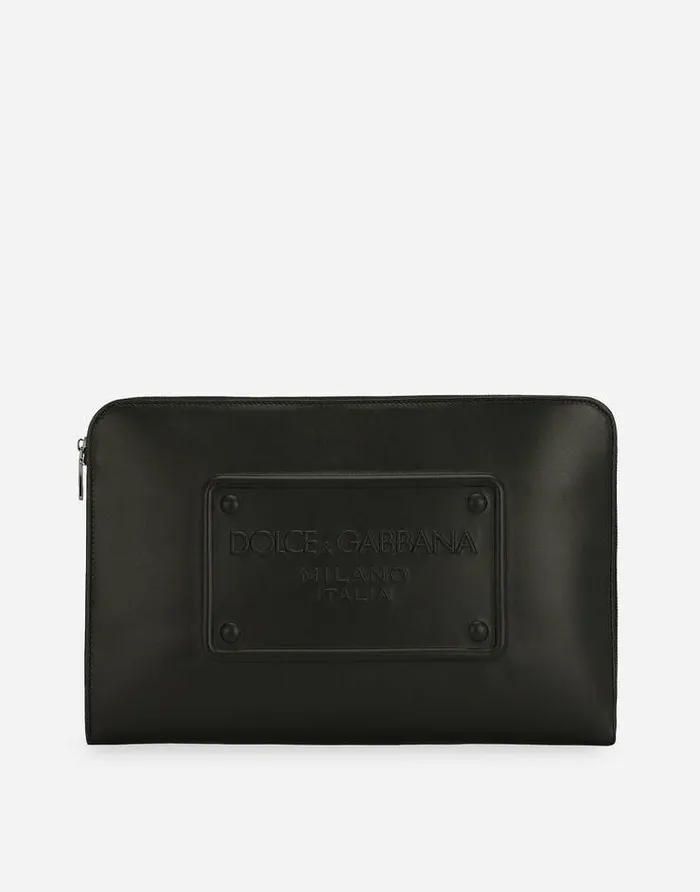 Dolce and Gabbana Briefcase And Clutches Men Large Calfskin Pouch With Raised Logo Black Dolce and Gabbana Briefcase And Clutches Men Large Calfskin Pouch With Raised Logo Black