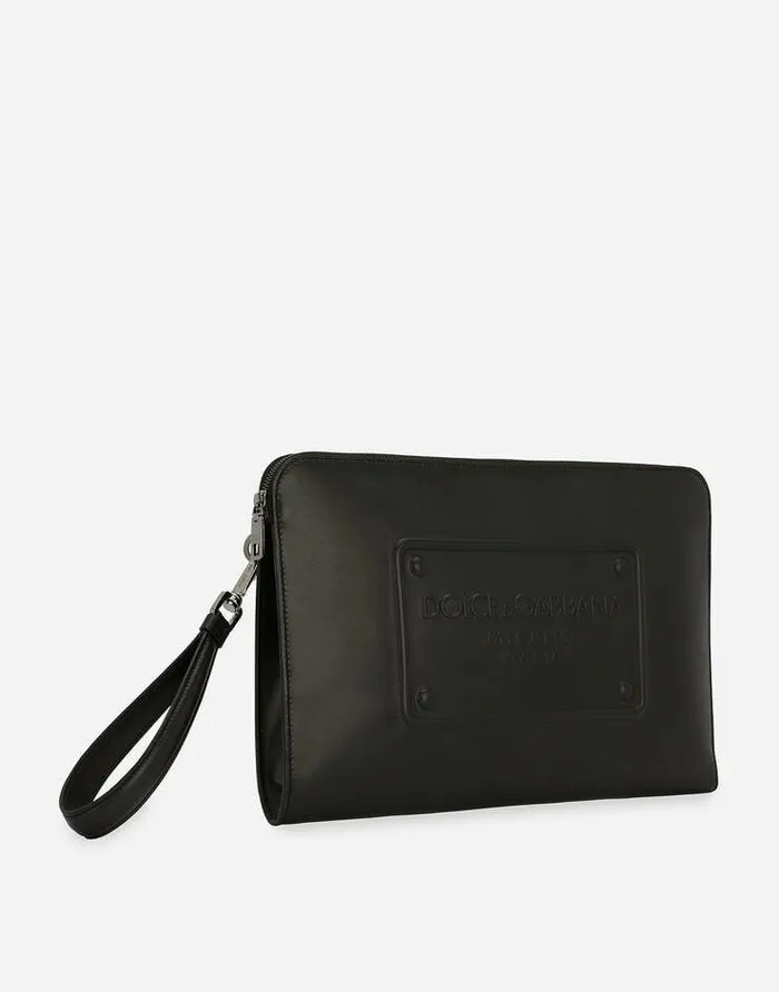 Dolce and Gabbana Briefcase And Clutches Men Large Calfskin Pouch With Raised Logo Black Dolce and Gabbana Briefcase And Clutches Men Large Calfskin Pouch With Raised Logo Black