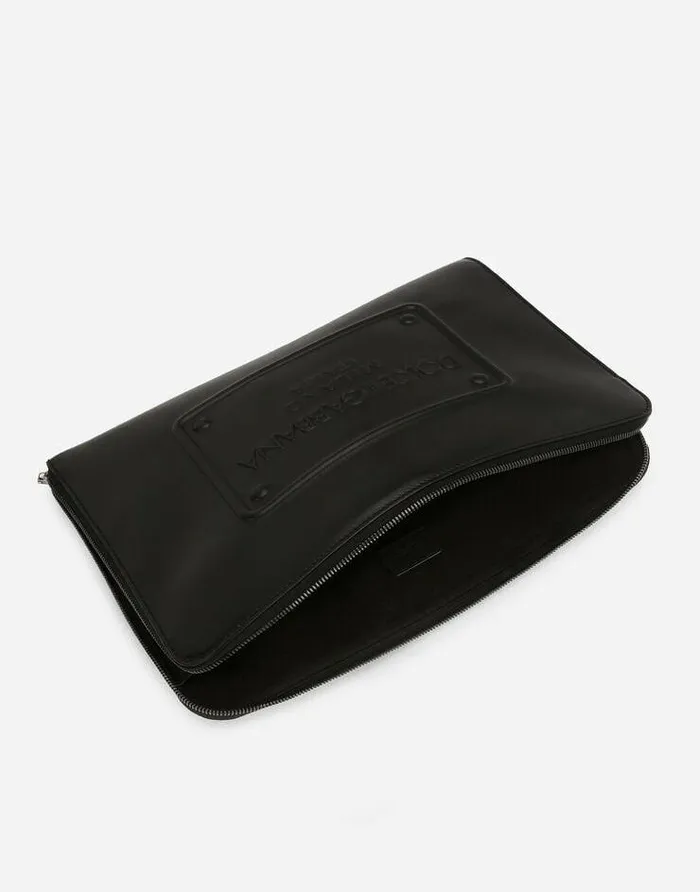 Dolce and Gabbana Briefcase And Clutches Men Large Calfskin Pouch With Raised Logo Black Dolce and Gabbana Briefcase And Clutches Men Large Calfskin Pouch With Raised Logo Black