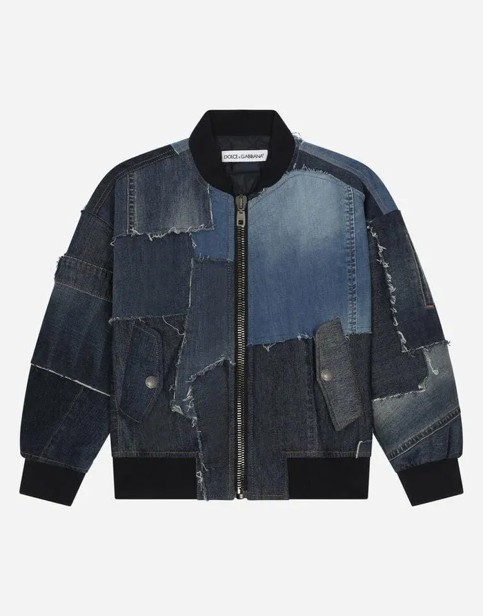 Dolce and Gabbana Coats And Jackets Children Blue Patchwork Denim Bomber Jacket Multicolor