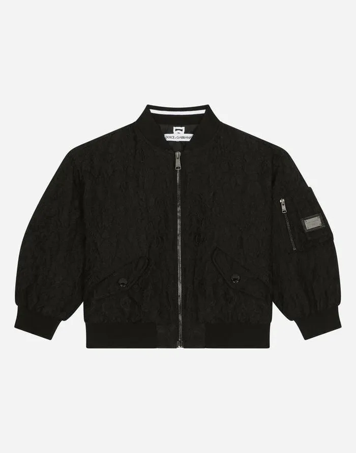 Dolce and Gabbana Coats And Jackets Children Brocade Bomber Jacket With Logo Tag Black