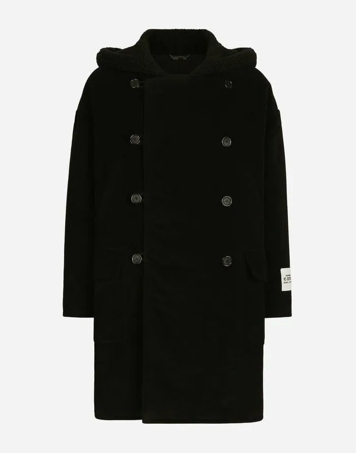 Dolce and Gabbana Coats And Jackets Men Fustian Coat With Shearling Hood Black