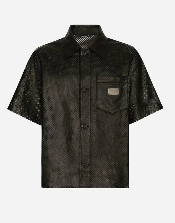 Dolce and Gabbana Coats And Jackets Men Openwork Leather Shirt With Brand Plate Black
