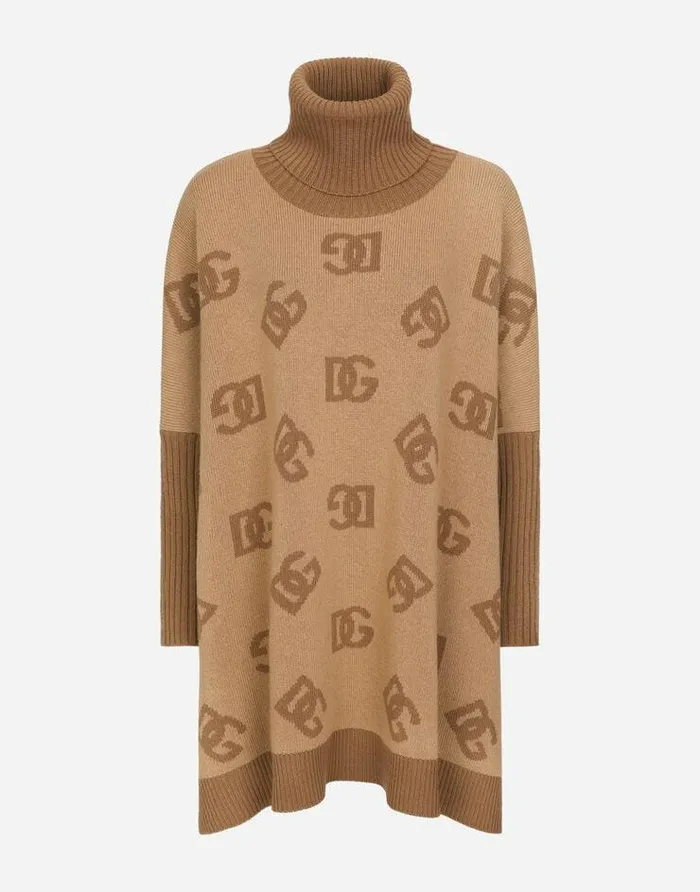 Dolce and Gabbana Coats And Jackets Women Short Wool Turtleneck Poncho With DG Inlay Multicolor