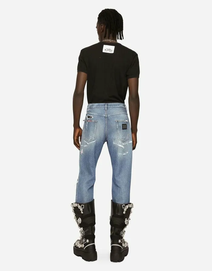 Dolce and Gabbana Denim Men Loose Blue Wash Denim Jeans With Rips Multicolor Dolce and Gabbana Denim Men Loose Blue Wash Denim Jeans With Rips Multicolor