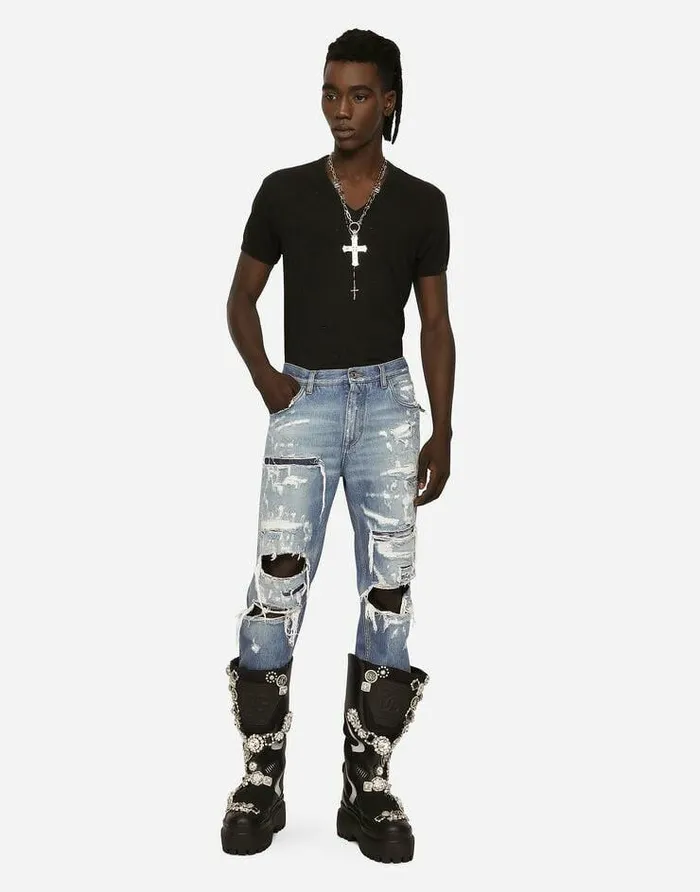 Dolce and Gabbana Denim Men Loose Blue Wash Denim Jeans With Rips Multicolor Dolce and Gabbana Denim Men Loose Blue Wash Denim Jeans With Rips Multicolor
