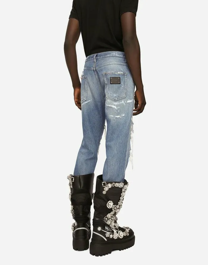 Dolce and Gabbana Denim Men Loose Blue Wash Denim Jeans With Rips Multicolor Dolce and Gabbana Denim Men Loose Blue Wash Denim Jeans With Rips Multicolor
