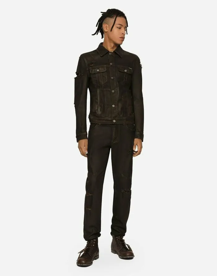 Dolce and Gabbana Denim Men Waxed Stretch Denim Jacket With Rips Multicolor