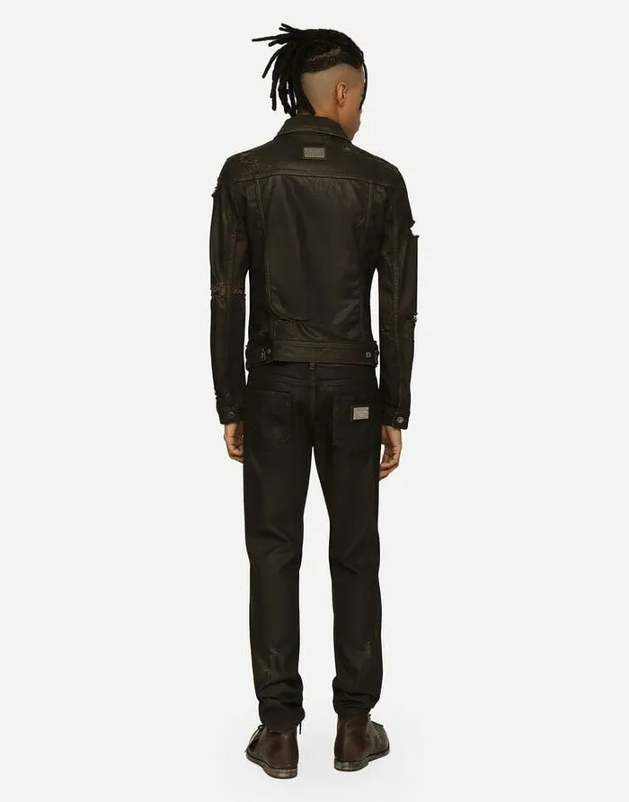 Dolce and Gabbana Denim Men Waxed Stretch Denim Jacket With Rips Multicolor