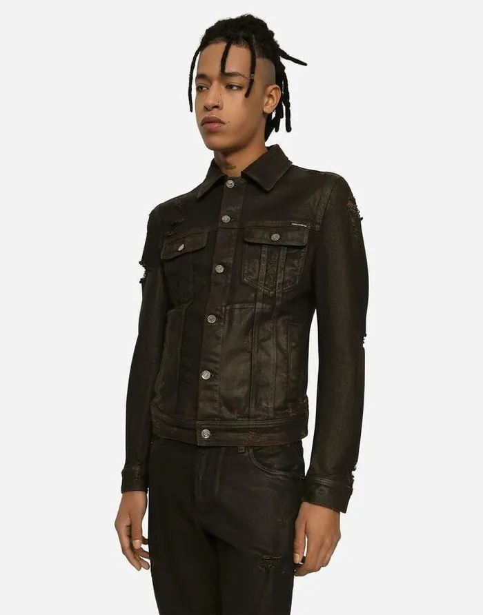 Dolce and Gabbana Denim Men Waxed Stretch Denim Jacket With Rips Multicolor