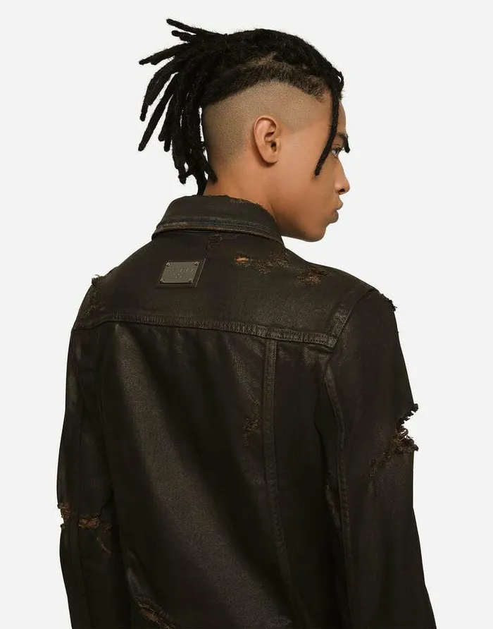 Dolce and Gabbana Denim Men Waxed Stretch Denim Jacket With Rips Multicolor