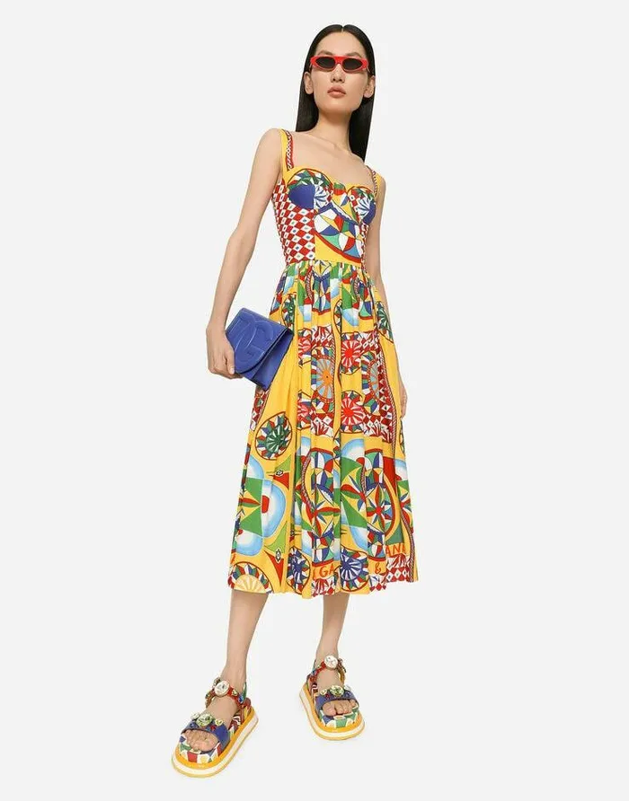 Dolce and Gabbana Dresses Women Calflength Bustier Dress In Carrettoprint Poplin Red Dolce and Gabbana Dresses Women Calflength Bustier Dress In Carrettoprint Poplin Red