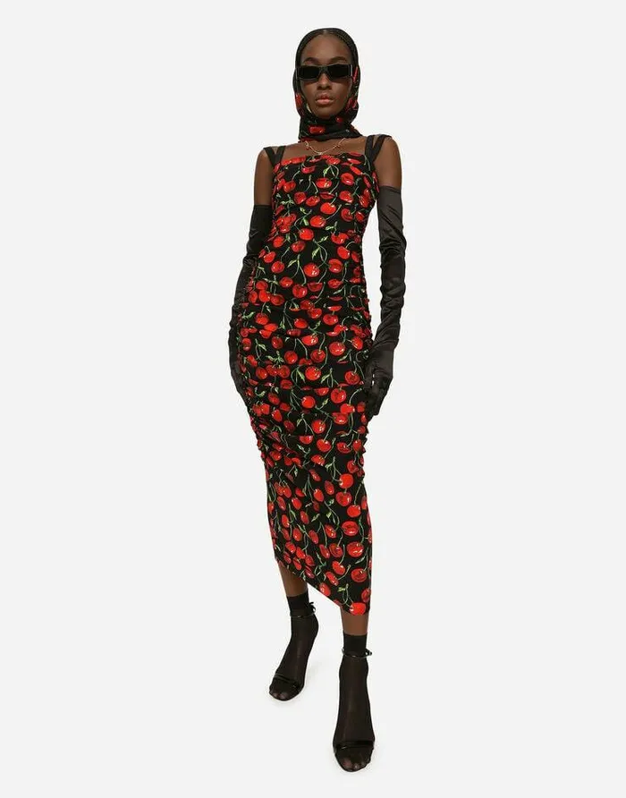 Dolce and Gabbana Dresses Women Cherryprint Jersey Calflength Dress With Draping Multicolor Dolce and Gabbana Dresses Women Cherryprint Jersey Calflength Dress With Draping Multicolor
