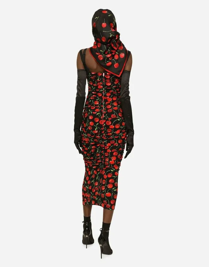 Dolce and Gabbana Dresses Women Cherryprint Jersey Calflength Dress With Draping Multicolor Dolce and Gabbana Dresses Women Cherryprint Jersey Calflength Dress With Draping Multicolor