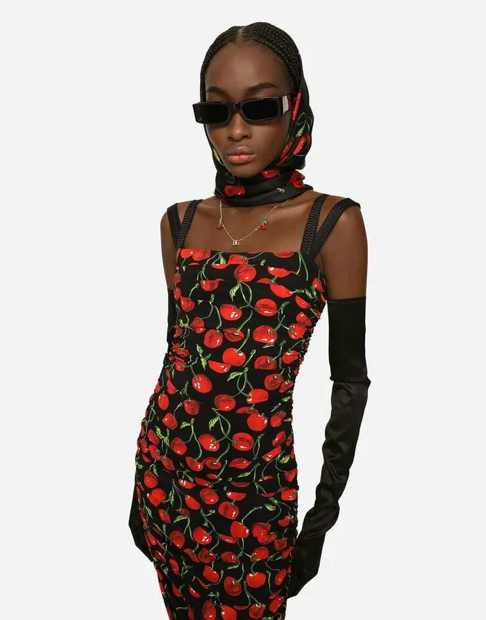 Dolce and Gabbana Dresses Women Cherryprint Jersey Calflength Dress With Draping Multicolor Dolce and Gabbana Dresses Women Cherryprint Jersey Calflength Dress With Draping Multicolor