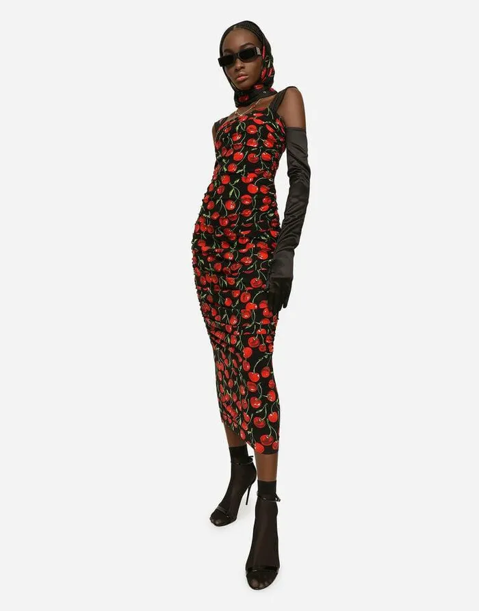 Dolce and Gabbana Dresses Women Cherryprint Jersey Calflength Dress With Draping Multicolor Dolce and Gabbana Dresses Women Cherryprint Jersey Calflength Dress With Draping Multicolor