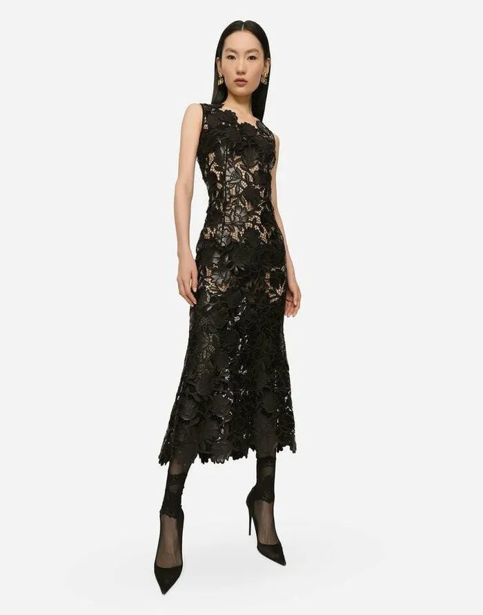 Dolce and Gabbana Dresses Women Faux Leather Macram Calflength Dress Black Dolce and Gabbana Dresses Women Faux Leather Macram Calflength Dress Black
