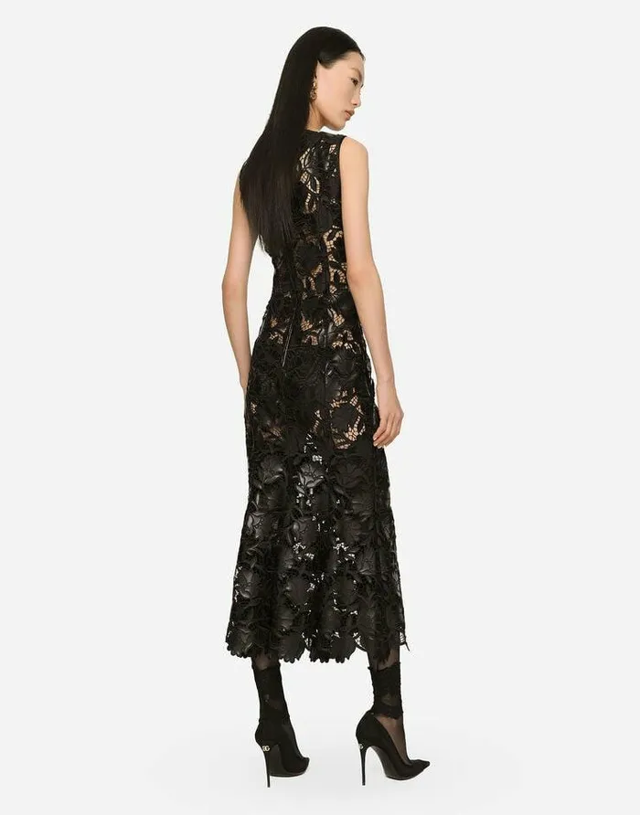 Dolce and Gabbana Dresses Women Faux Leather Macram Calflength Dress Black Dolce and Gabbana Dresses Women Faux Leather Macram Calflength Dress Black