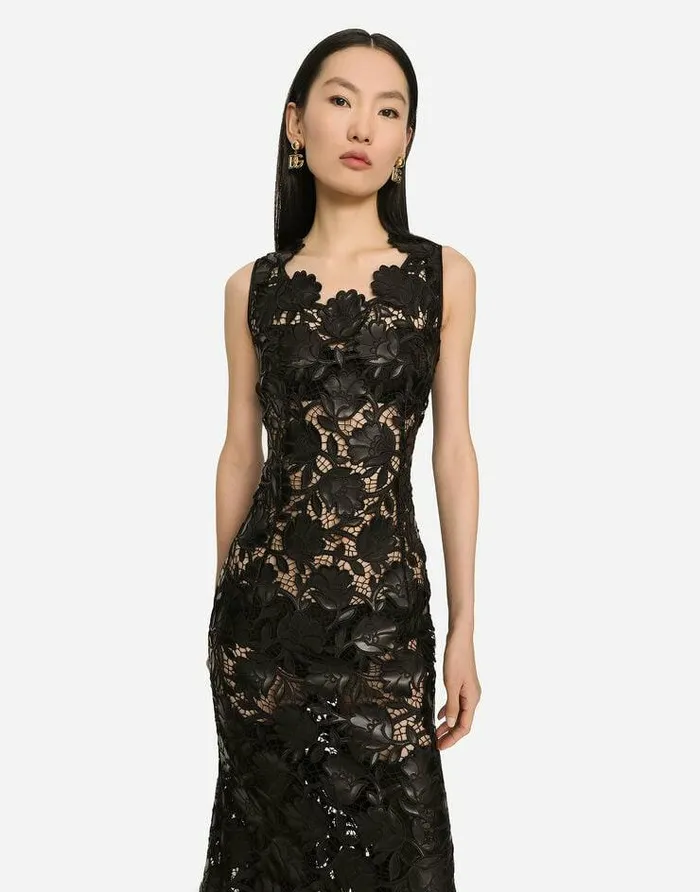 Dolce and Gabbana Dresses Women Faux Leather Macram Calflength Dress Black Dolce and Gabbana Dresses Women Faux Leather Macram Calflength Dress Black