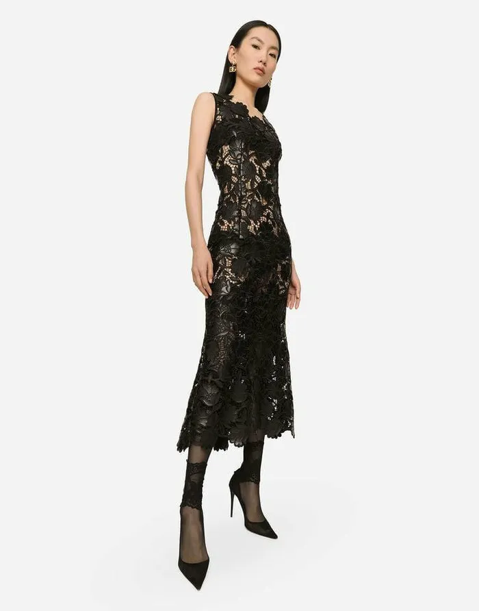 Dolce and Gabbana Dresses Women Faux Leather Macram Calflength Dress Black Dolce and Gabbana Dresses Women Faux Leather Macram Calflength Dress Black